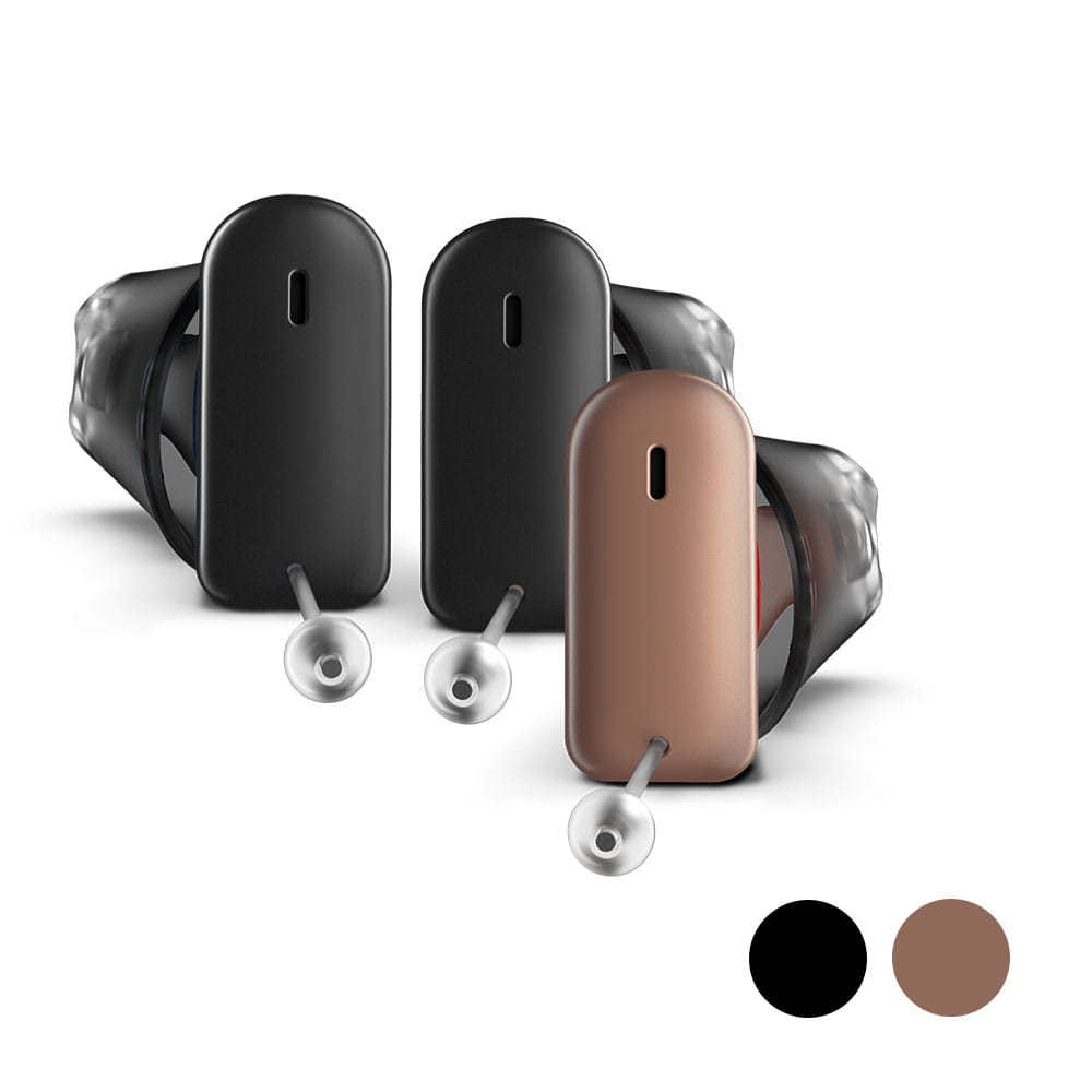 Appareils auditifs intra-auriculaires Signia Silk Charge&Go IX, coloris noir et moka