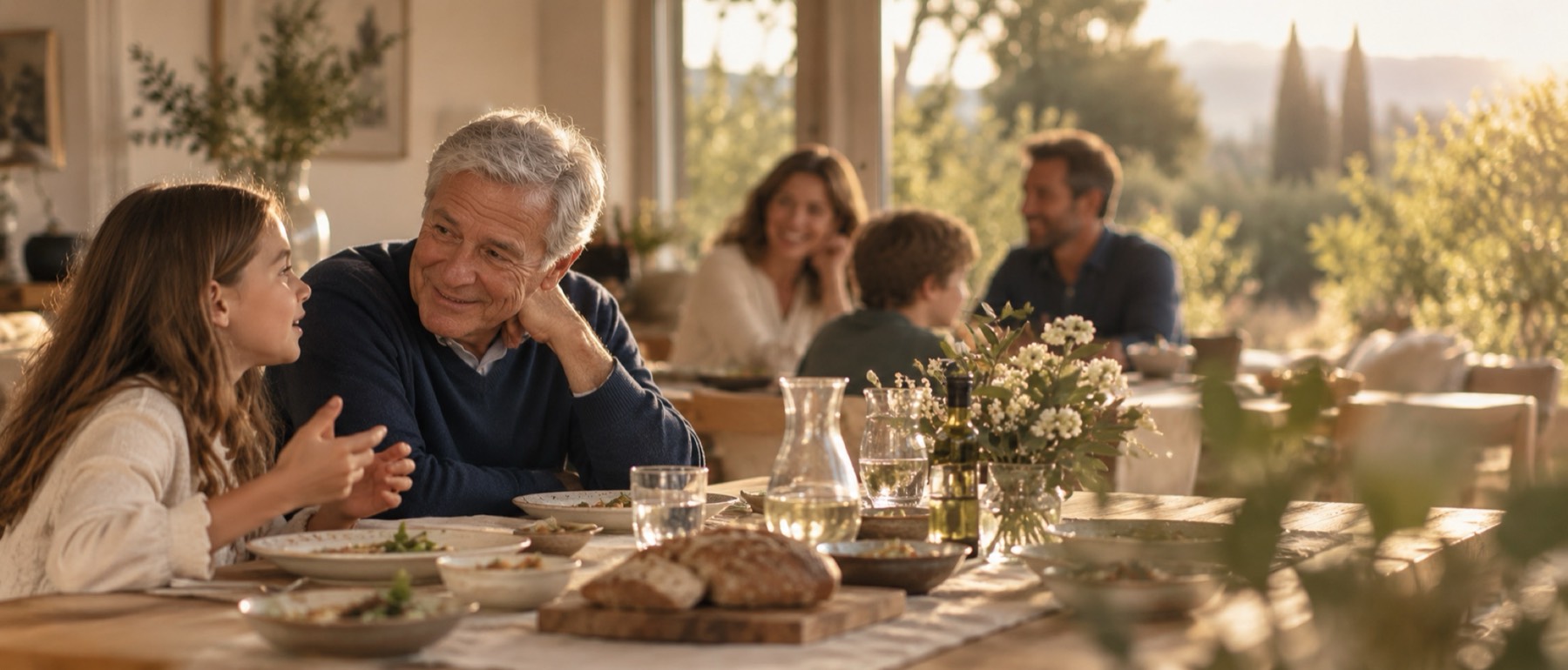 Un grand-père écoute attentivement sa petite-fille lors d'un repas de famille