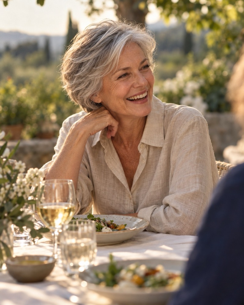Femme souriante en pleine conversation lors d'un déjeuner en terrasse